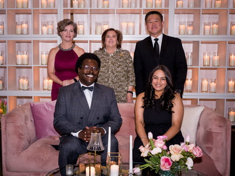 Back row: Dean Byerley, Geisinger College of Health Sciences Board Chair Virginia McGregor, Geisinger CEO (at the time) Jaewon Ryu. Seated, Medical Student Council President Eshiemomoh Osilama, MD ’24, MBS ’19 and scholarship recipient representative Parita Ray, MD ‘25